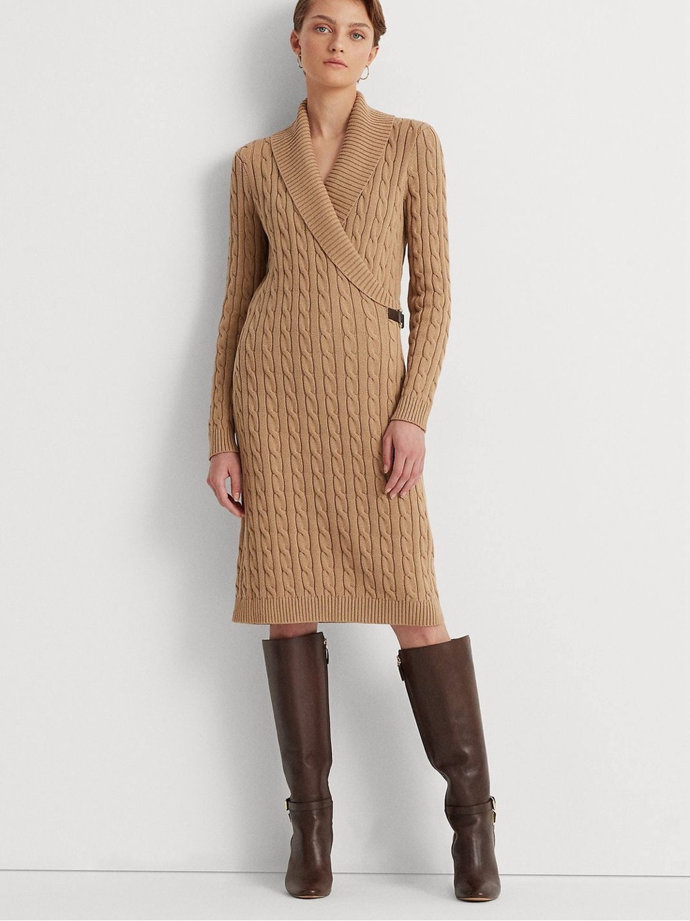 Ralph Lauren Camel Tan Cotton Cable Knit Wrap Sweater Dress - Large